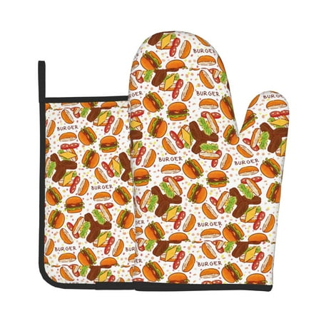 

Tebeau Burger Print Oven Mitts and Pan Racks 2-Piece Set Kitchen Oven Mitts and Pan Racks Heat Resistant 500 °F for Baking and Cooking