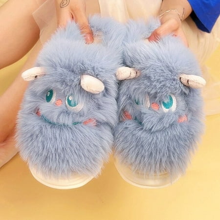 

CoCopeanut Kawaii Monster Female Slipper Cute Cartoon Girls Fuzzy Bedroom Home Slippers Winter Plush Warm Ladies Indoor Faux Fur Shoes