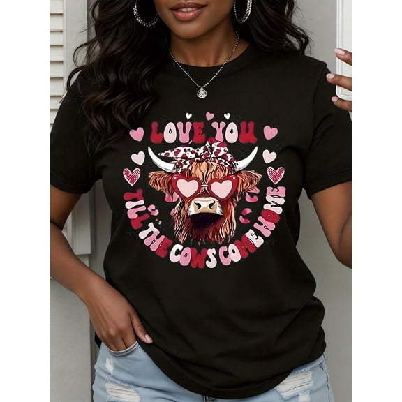Cute Highland Cow Heart Sunglasses Graphic Women Short Sleeve Valentine Casual T-Shirt