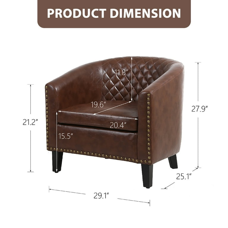 SESSLIFE Classic Brown Leather Upholstered Accent Arm Chair Soft Barrel Club Chairs for Living Room Comfy Single Sofa Office Guest Chatting Chair with