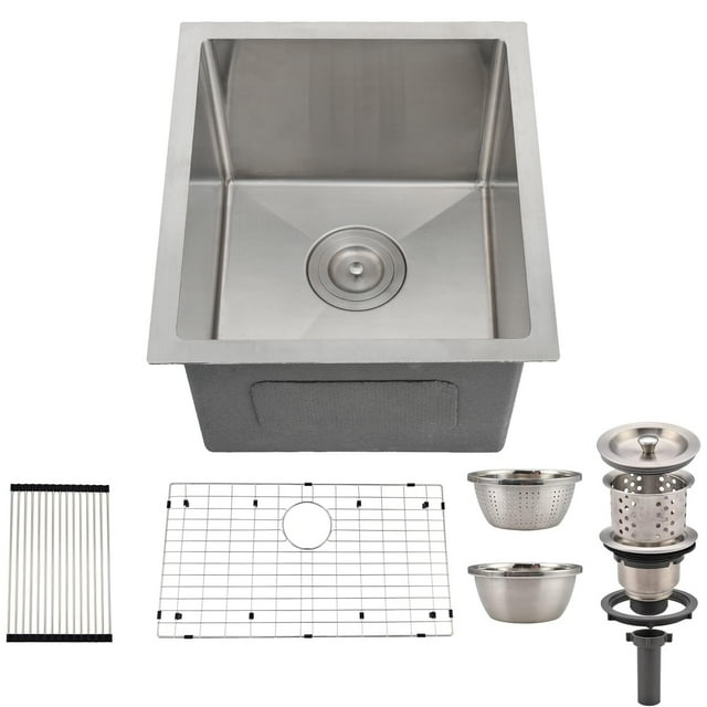 Aoile 15" Undermount Kitchen Sink, Stainless Steel Single Bowl Sink with Basket Strainer, Dish Drying Rack, Drain Basin Bowl, Silver