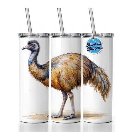Emu Standing Watercolor 20oz Insulated Water Bottle Skinny Tumbler Includes Straw