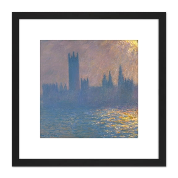 Claude Monet Houses Of Parliament Sunlight Effect 8X8 Inch Square Wooden Framed Wall Art Print Picture with Mount