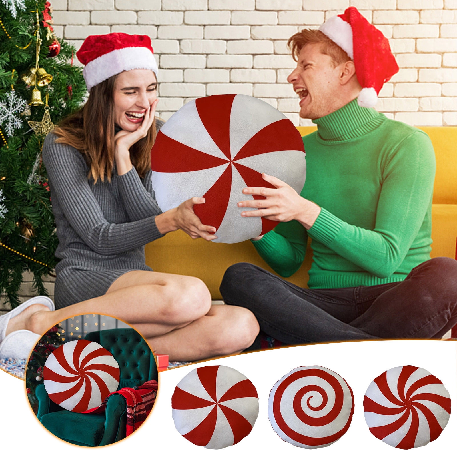 Holiday Time Red & White Peppermint Candy Shaped Christmas Decorative  Pillows, 13inch Diameter,2 Count Per Pack 