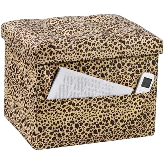 Storage Ottoman Foot Rest Stool, Small Velvet Storage Ottomans Bench, Folding Footstool with Side Pockets, Foot Rest Under Desk for Living Room Bedroom, 17x13x13 in, Leopard Print