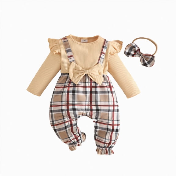 mgoYE Newborn Infant Baby Girl Clothes Fall Winter Long Sleeve Bubble Romper Plaid Bow One Piece Jumpsuit Cute Outfits