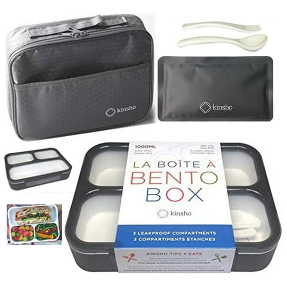 Large bento lunch box set with insulated bag, 3 compartment meal prep container for adults s, leakproof bento box for work travel, includes ice pack, grey black