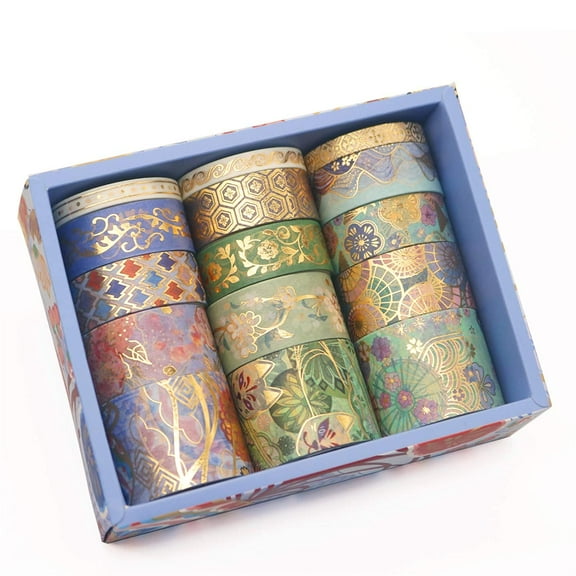 Gold Foil Washi Tape - 15Rolls Vintage Japanese Green Washi Tape, Wide Pretty Flowers Washi Masking Tape, Perfect for Bullet Journal, Book, Planner, Gift Packaging