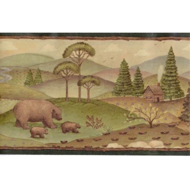 wallpaper border bears and moose pine trees log cabins in mountains