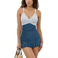 thumbnail image 4 of Ltctricy Women's Two Piece Swimsuits Striped V Neck Padded Ruched Ruffle Hem Color Block Swim Dress with Bottom Slimming Bathing Suits, 4 of 7