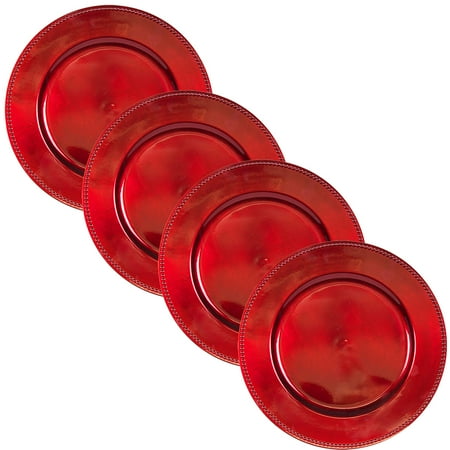 Circleware 4-Piece Beaded Edge Plastic Charger Plate Set, Red, 13 Inches
