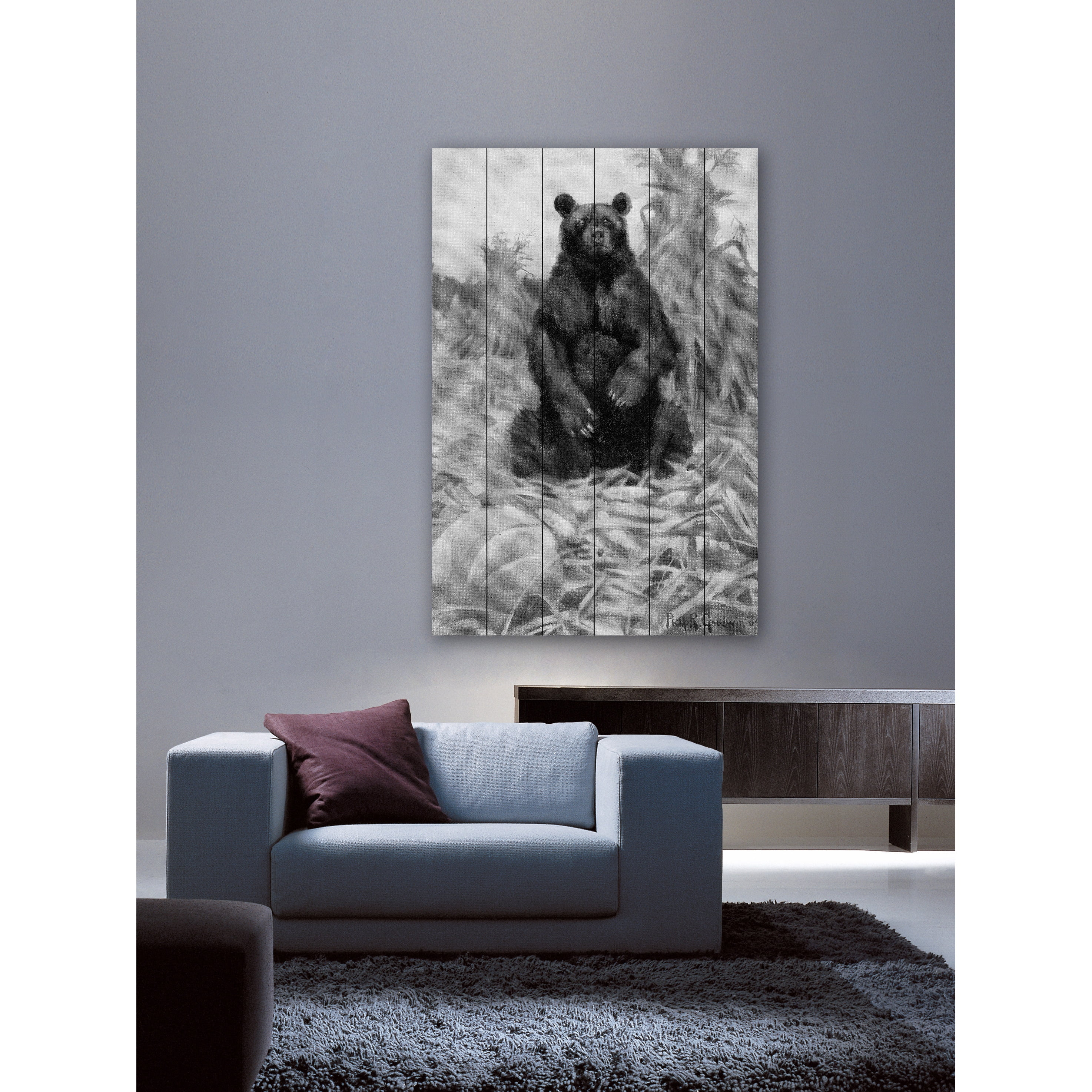 Marmont Hill "Bear in Hay BW" Painting Print on White Wood