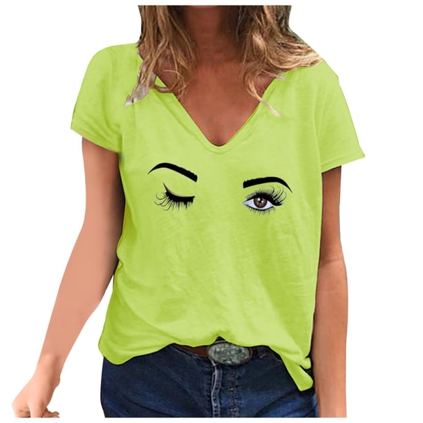 Gibobby Playeras Deportivas Camiseta casual Tops Moda de manga corta Impreso Verano Cuello en V Blusa de mujer(Amarillo, XXXXXL)