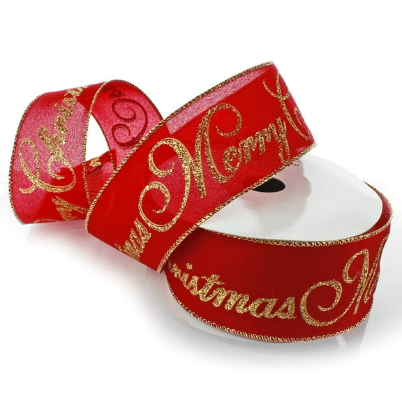 Ribbon Traditions Gold Glitter Merry Christmas Red Wired Ribbon 2 1/2" by 25 Yards