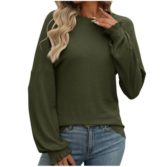 Perfectbot Sweaters for Women Puff Long Sleeves Ribbed Knit Crewneck Tops Fall Trendy Winter Warm Shirts