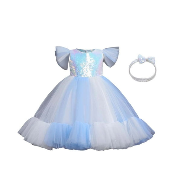 CUZIBR Girls Tutu Sequins Dress Ruffles Sleeveless Rainbow Glitter Tulle Long Dresses With Hairband Party Formal Gown Elegant Outfits,White,7-8 Years