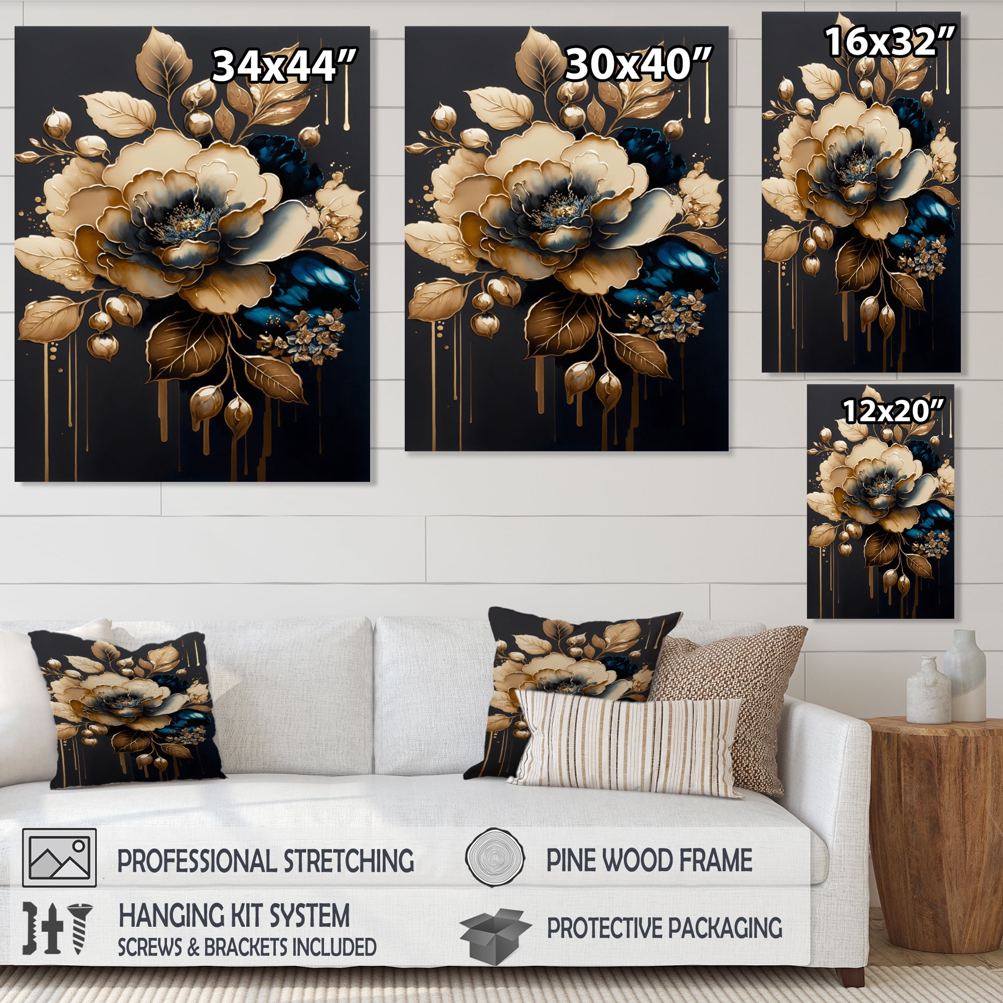 Designart Blue And Gold Camellia I Canvas Wall Art