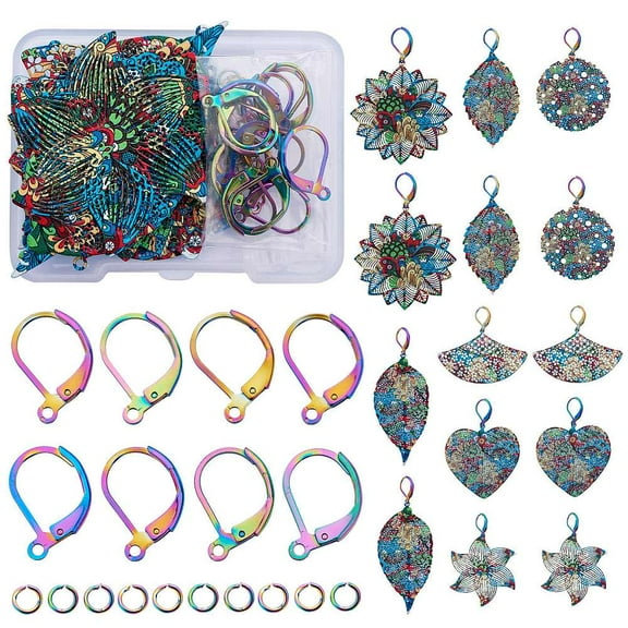 1box Drop Leverback Earring Making Kit Including Flower & Leaf & Fan & Heart 430 Stainless Steel Pendants 304 Stainless Leverback Earring Findings Dark Turquoise 48pcs/box