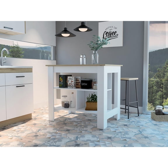 TUHOME Cala Kitchen Island with Storage, 40.5" Wide Prep Table, 3 Open Shelves, Open Seating Side