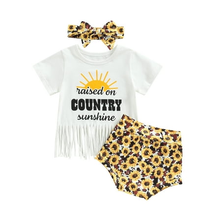 

Calsunbaby Newborn Baby Girls Summer Outfits Set Short Sleeve Letters T-shirt with Sunflower Shorts Headband White 6-12 Months