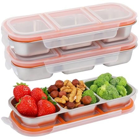 3 Pcs Stainless Steel Snack Containers With Lids, 3 Compartment Divided Food Storage Containers, 304 Steel Leek Proof Bento Lunch Snack Boxes for Home, Travel