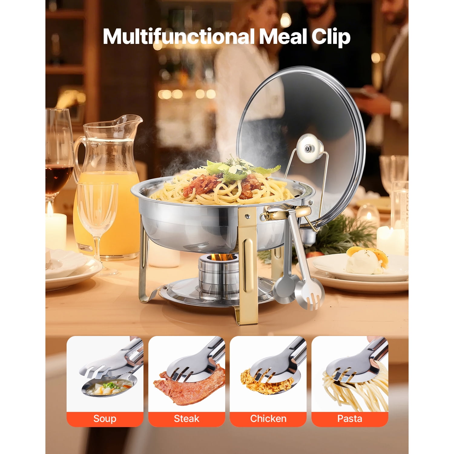 KFFKFF Dual Pack Buffet Service Set, 5 Qt Capacity, Constructed from Stainless Steel, Includes 4 Full-Size Pans, Round Food Heater with Glass Lid, Water Tray, Foldable Stand and Fuel Holder