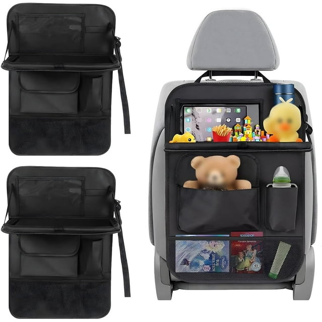 2PCS Car Backseat Organizer, Waterproof Practical Back Seat Protector with Tablet Holder, Hanging 6 Storage Pockets with Foldable Table Trays for Vehicles, Car Accessories