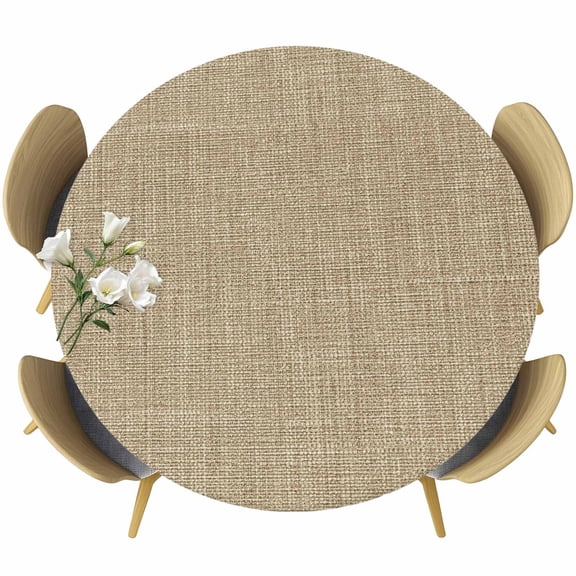 Round Table Cover 36-44 Inch Brown Farmhouse Waterproof Reusable Table Cloth Round Fitted Vinyl Tablecloth with Elastic Edged for Parties Outdoors, Vintage Country Monochrome Textured