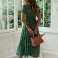 thumbnail image 4 of Women Dress Small Flower Print Patchwork A-line Flowy Hem Square Neck Short Bubble Sleeves Pleated Shirring Dating Vacation Midi Dress -Green,S, 4 of 8