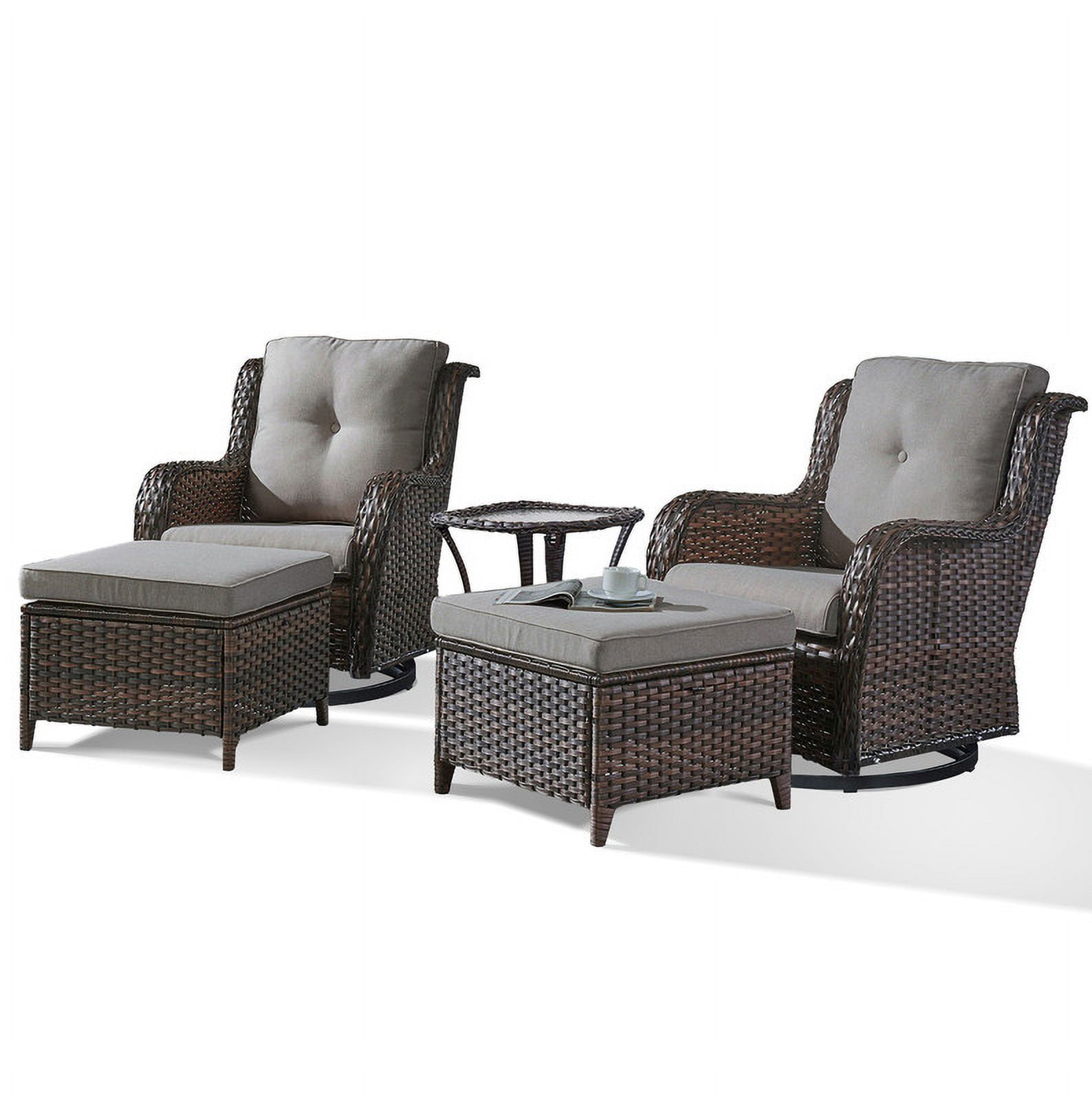 PARKWELL 5-Piece Outdoor Conversation Sets,Wicker Swivel Gliders with Ottomans,Side Table,Patio Seating Furniture with Gray Cushions,Brown Wicker