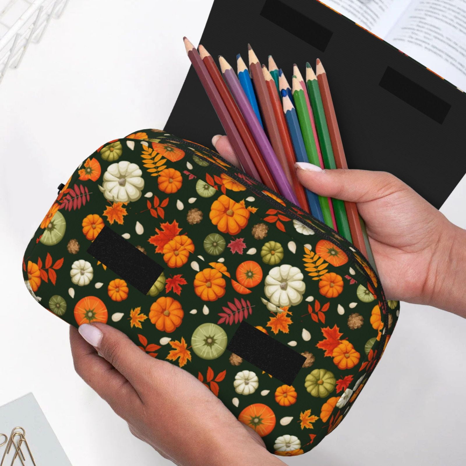 Rateoe Harvest Pumpkins Pattern Double Clamshell Pen Case, Storage Organizer with Two Zipper Compartments– Holds Up to 50 Pencils & Pens