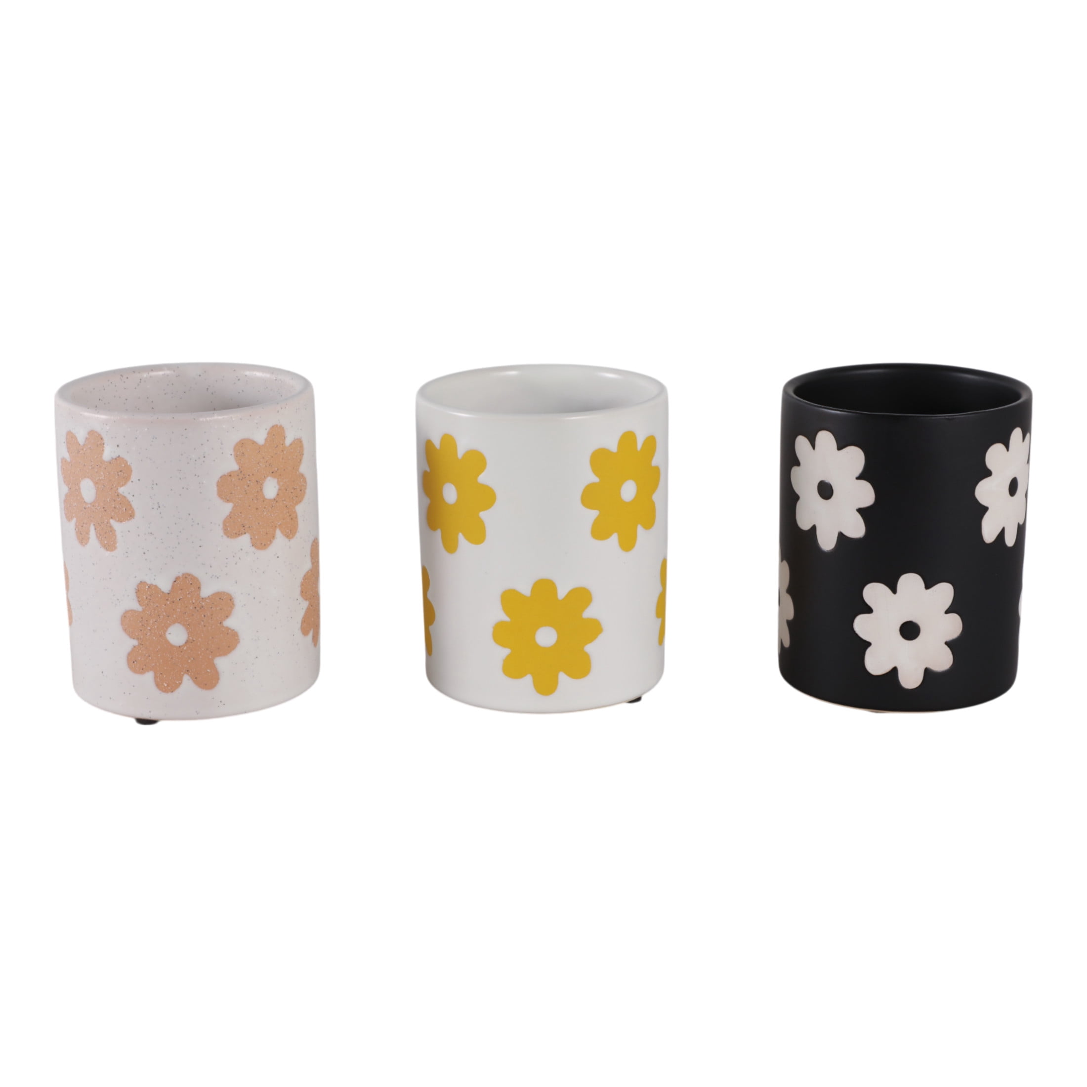 Cylinder Desk Organizer for Home Decor - Ceramic Desktop Organizer for Office Storage and Small Desk Workspace  - Boho Floral Office Accessory Decor for Tabletop - Set of 3, 5", White & Black