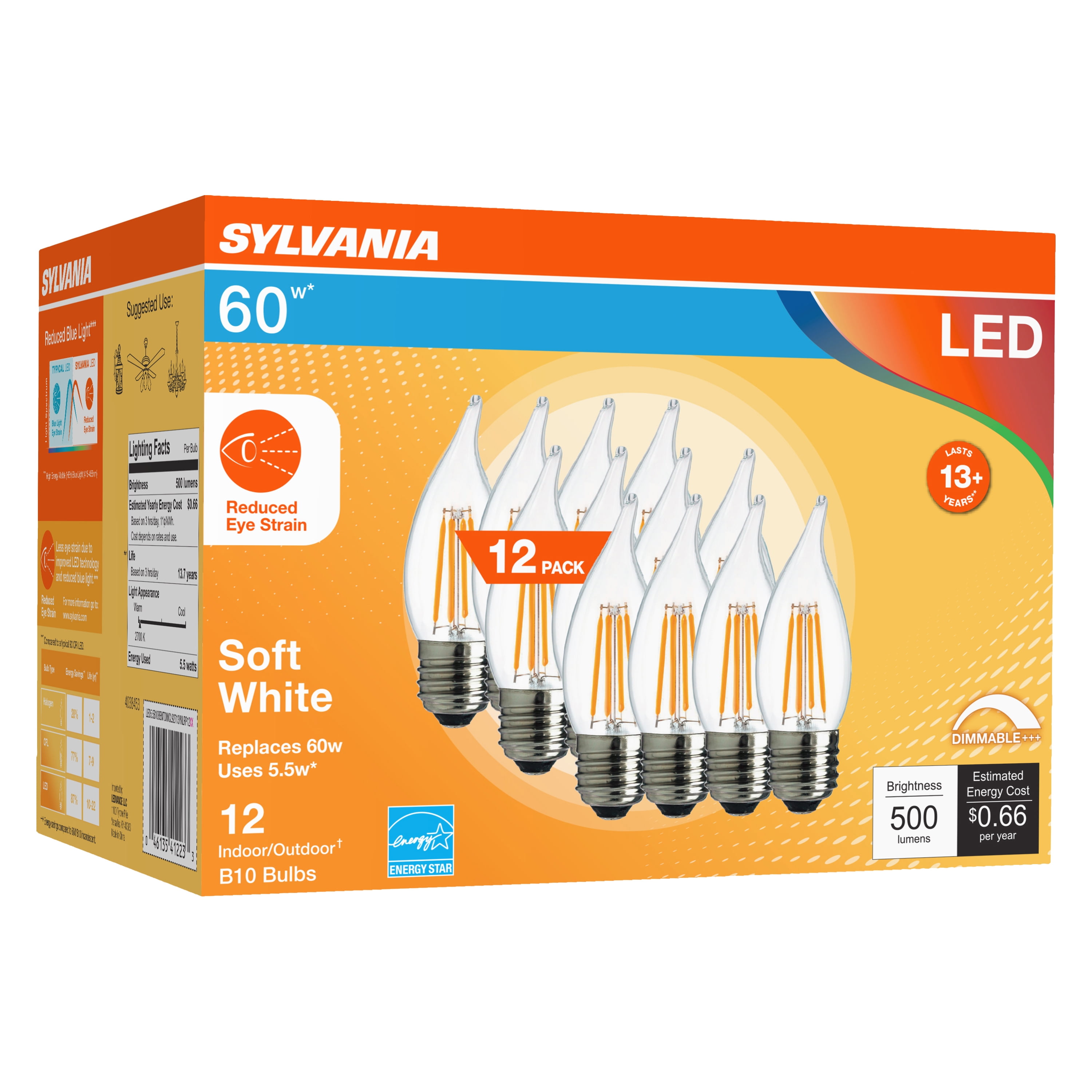 Sylvania LED Reduced Eye Strain B10 Light Bulb, 60 watts, Dim, Soft White, 12 Pack