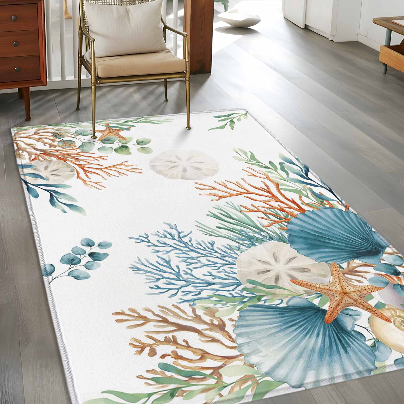 Rectangle Area Rugs 4 x 6 Ft, Beach Coastal Non-Slip Residential Carpet, Summer Nautical Coral Shell Botanical Indoor Crawling Mats Runner Rugs for Living Room/Dining Room/Bedroom