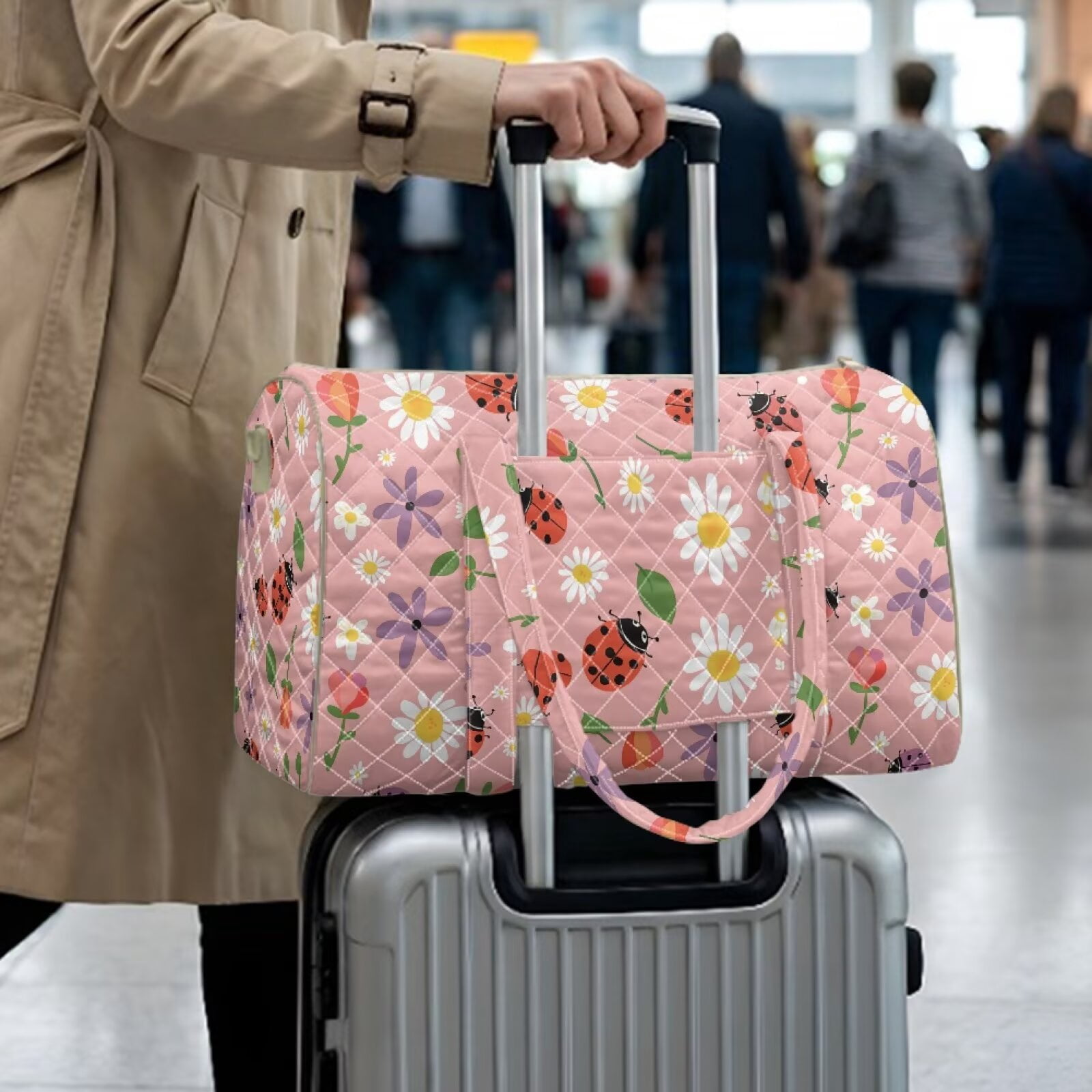 Garronmavis Pink Ladybug Floral Large Quilted Duffle Bag for Women, Weekender Travel Bag Overnight Bag Carry On Gym Dance Tote with Zipper Pockets, Luggage Sleeve Compatible