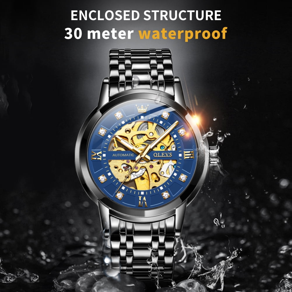 OLEVS Skeleton Watches for Mens Automatic Mechanical self Winding Diamond Luxury Business Dress Stainless Steel Waterproof Luminous Mens Wrist Watches Reloj Para Hombre Blue/White/Black/Gold Dial