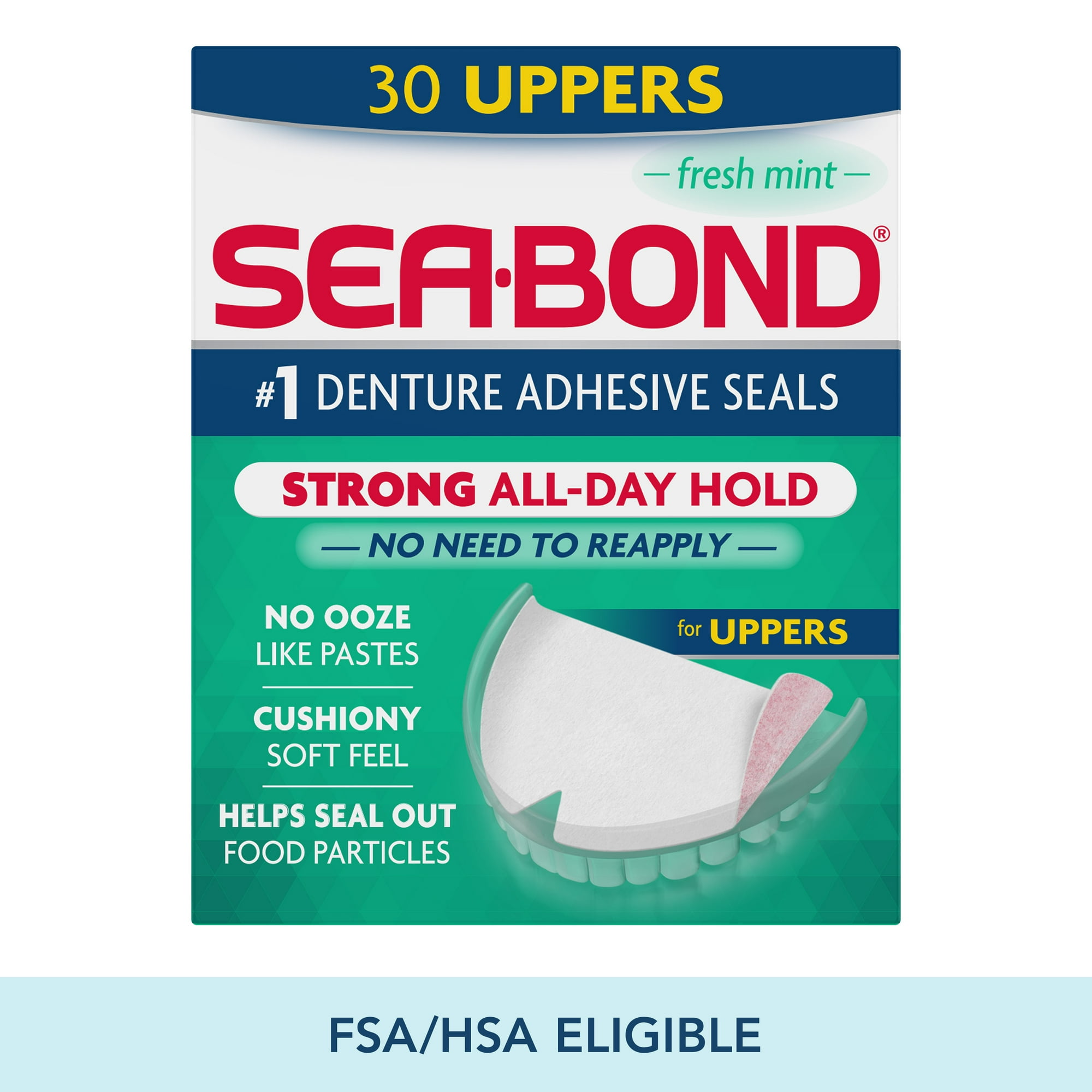 Sea Bond Secure Denture Adhesive Seals, Fresh Mint Uppers, Zinc-Free, All-Day-Hold, Mess-Free, 30 Count