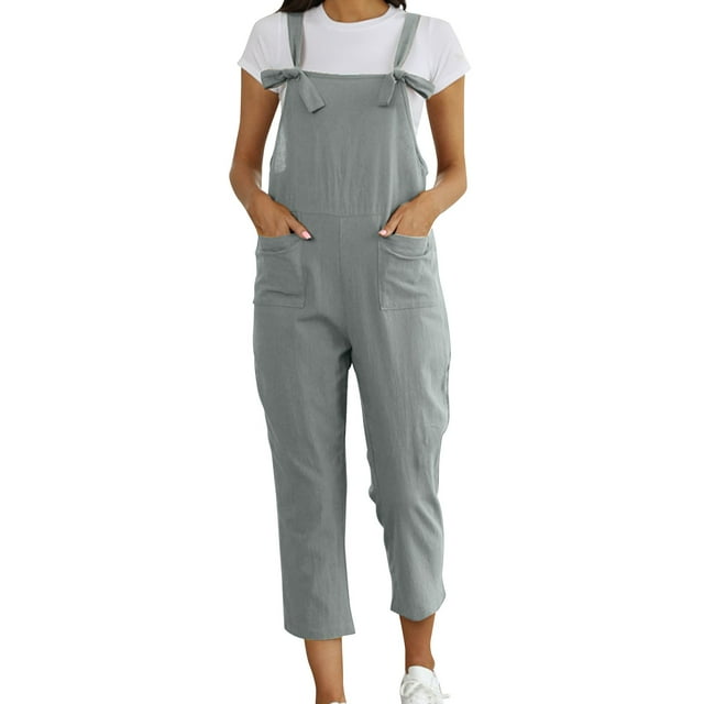 Women's Washed Linen Bib Overalls - Casual Ripped Jumpsuit Rompers - Adjustable Straps & Four Pockets