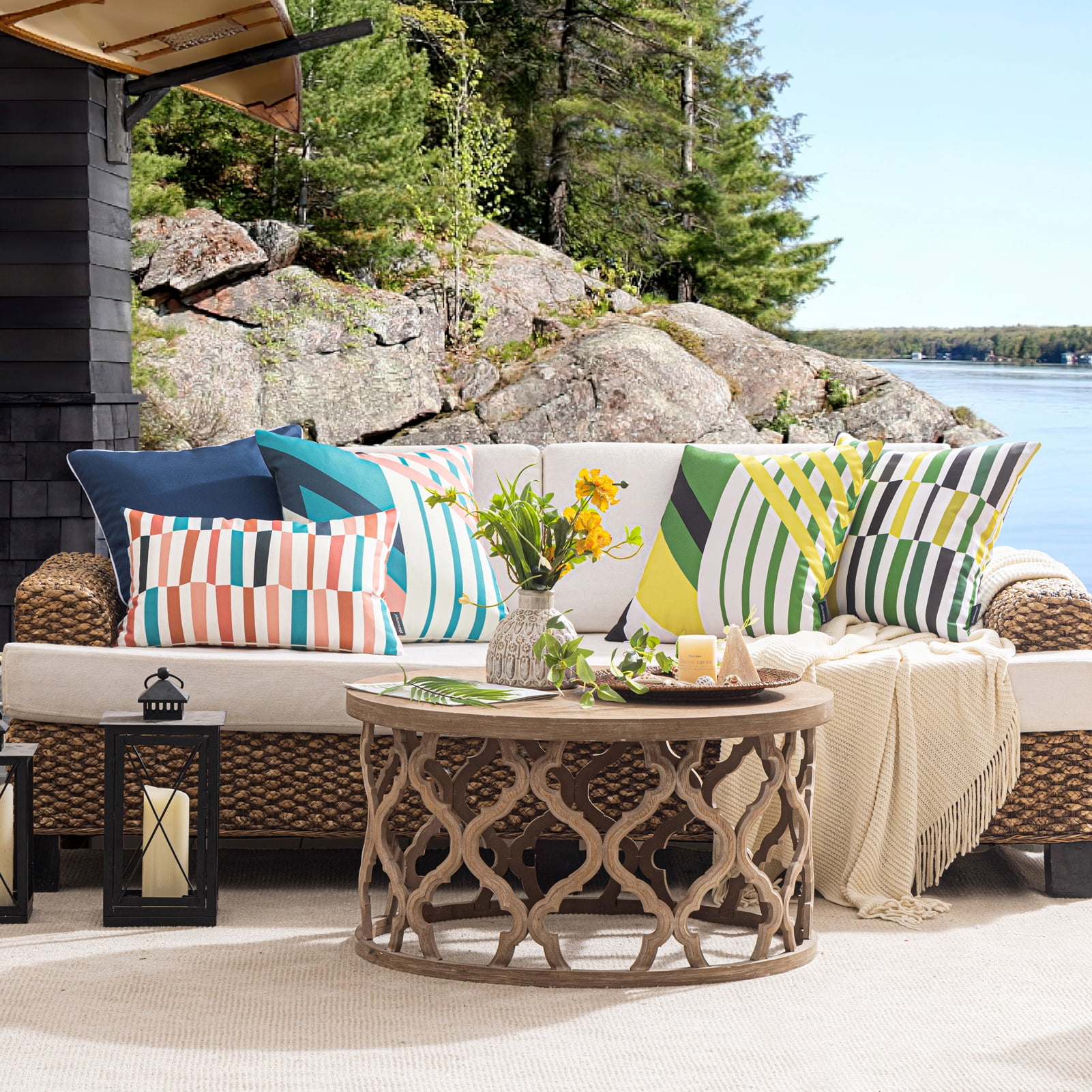 Phantoscope 2 Pack Waterproof Outdoor Decorative Throw Pillow 12x20, Geometric Color Block Patio Cushion Cases for Couch & Tent, Dark Green