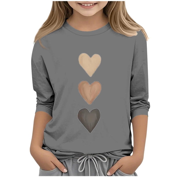 Blusas y camisas de cuello redondo y manga larga para niños, blusas/camisas de poliéster con estampado de corazones, mangas 3/4 y cuello redondo, elegantes e informales.