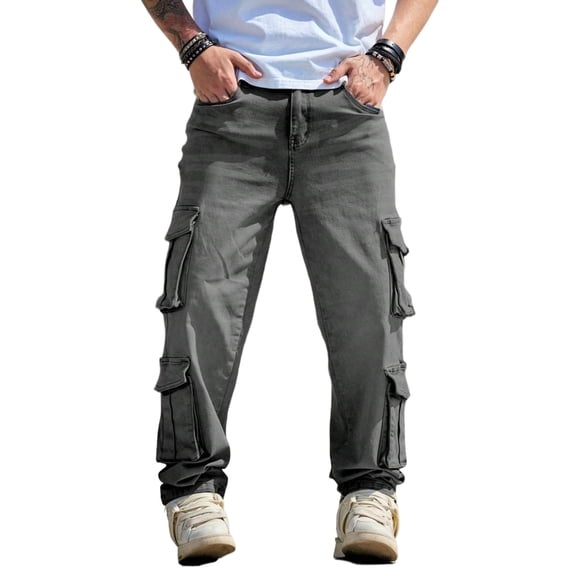 Reppunk Men's Grey Wash Multi-Pocket Cargo Denim Pants, Relaxed Straight Fit Utility Work Trousers, Business Casual Versatile Daily Office Commute Jeans