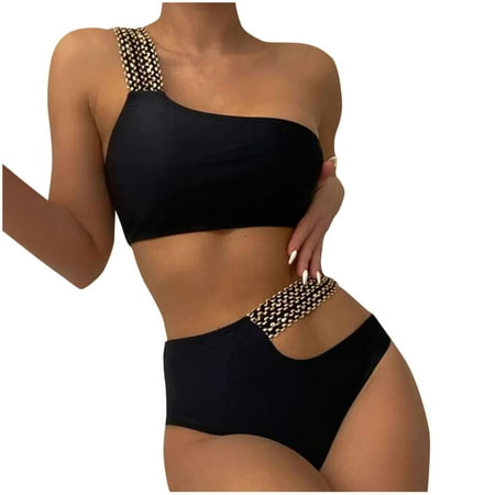 Lopeceal Women s One Shoulder Bikini Sets Sexy High Waisted Cutout Swimsuit Ladies Push Up Two Piece Bathing Suits