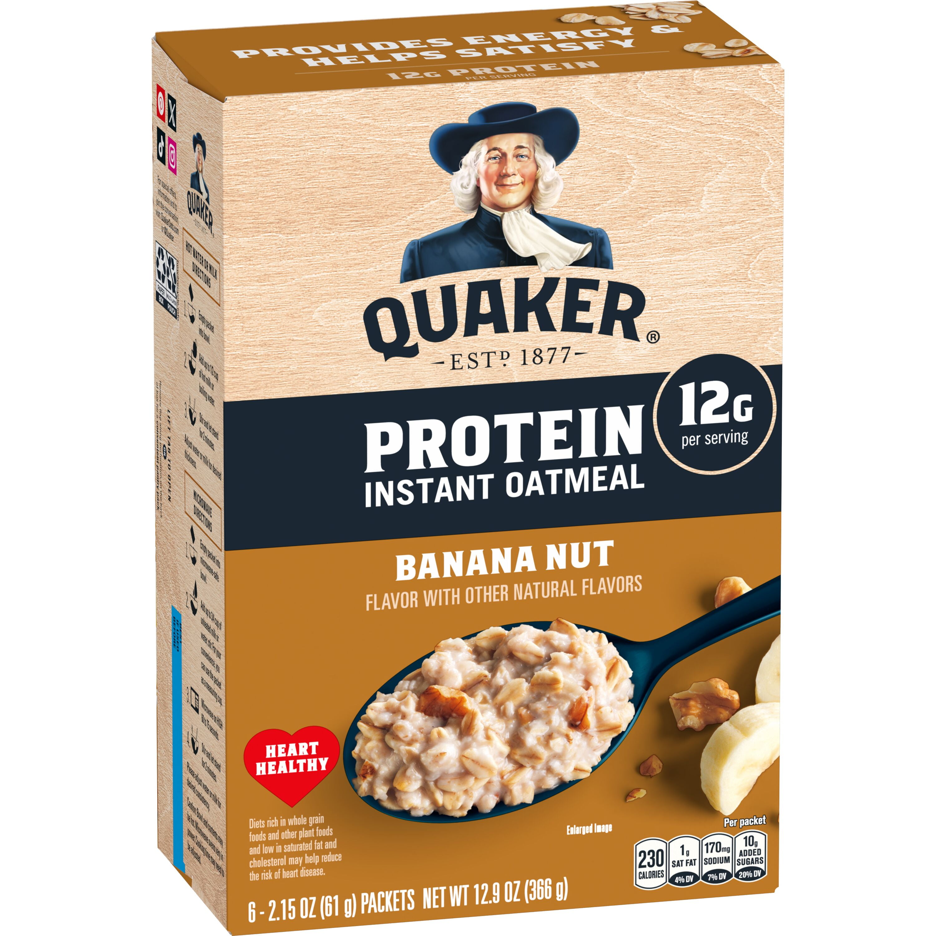 (6 pack) Quaker Protein Instant Oatmeal, Banana Nut, 12g Protein per Serving, Whole Grains, No Artificial Flavors, 2.15 oz Packets, (6 Pack)​