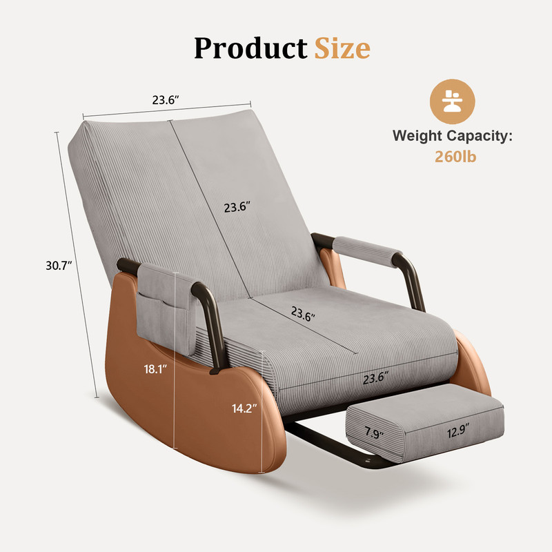 XUEGW Upholstered Glider Rocking Chair for Nursery, Soft Corduroy Accent Chair with Side Pocket & Adjustable High Backrest, Rocker with Footrest for Living Room Bedroom, Gray
