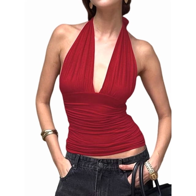 Womens Fashion Versatile Solid Color Halter V Neck Backless Slim Fit Sleeveless Vest Top Red M