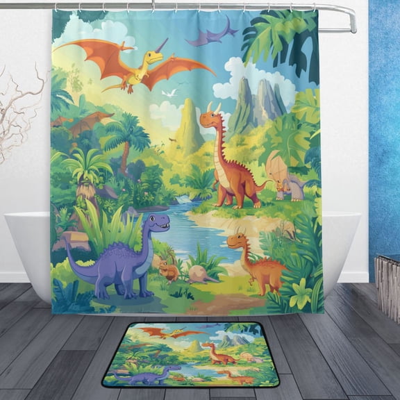 Bath Curtain & Non-Slip Bath Mat Set 12-Grommet Shower Curtain Memory Foam Bath Rug Dinosaurs and Pterodactyls