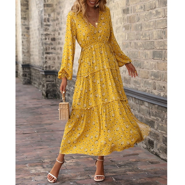 Women Floral Dress Women Long Dress Long Lantern Sleeve Flounces High Waist Left Side Slit For Party ANGGREK Ropa