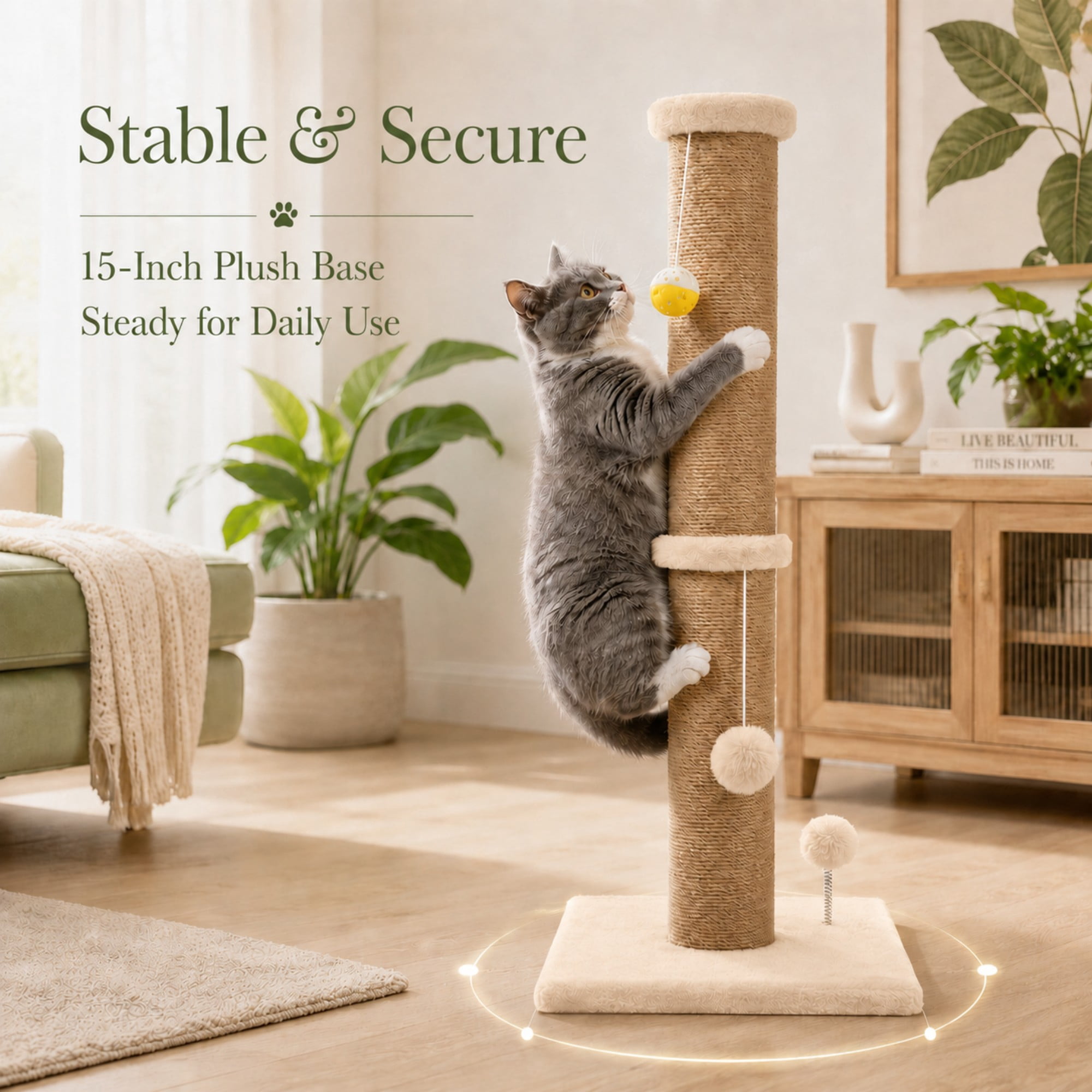 PELUOMOZ Cat Scratching Post, 36 in Beige Sisal Scratch Tower with Stable Base and Interactive Toy