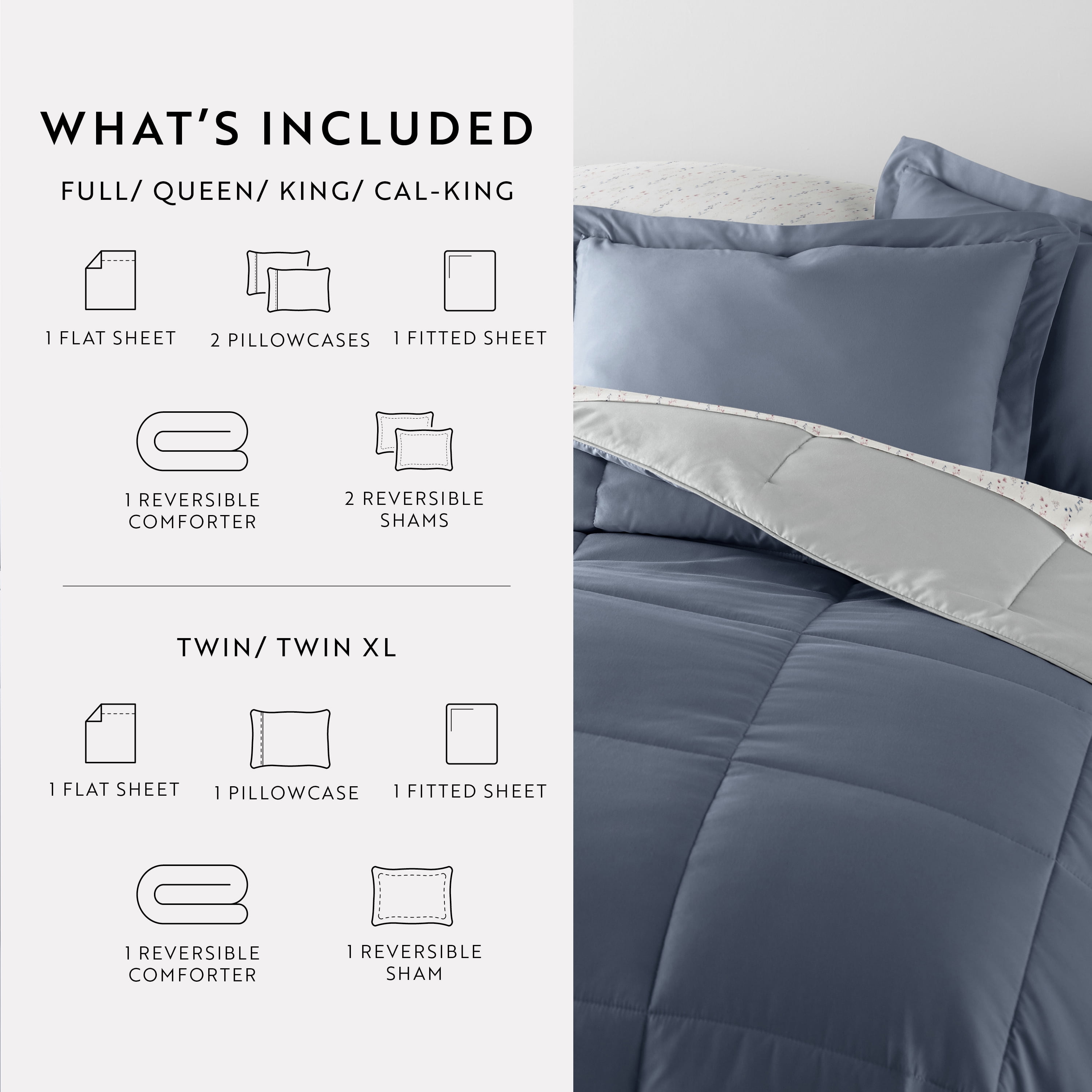 Noble Linens 7 Piece Bedding Bundle, Reversible Comforter and Patterned Sheet Set, Full