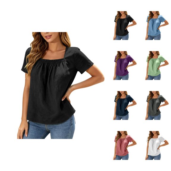 Square Neck Tops for Women Short Sleeve Casual Pleated Front Lightweight T-Shirts Summer Blouses Beach Vacation Shirt